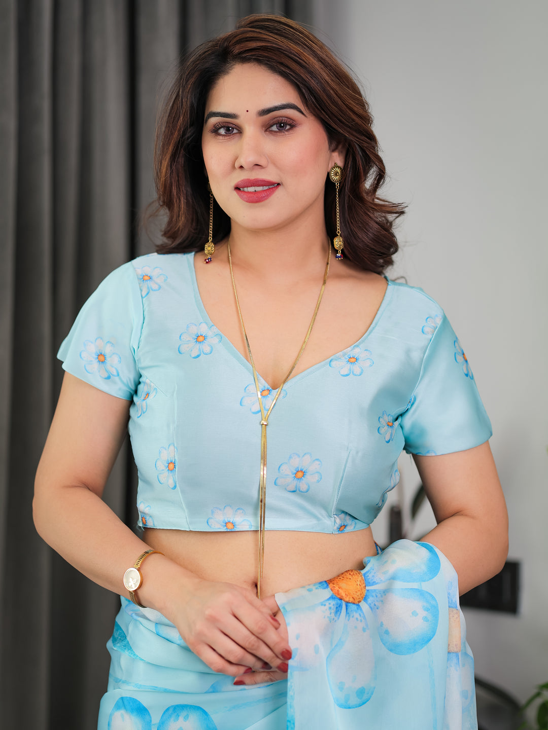 Sky Blue Satin Georgette Floral Printed Saree with Attached Blouse – Lightweight Designer Drape for Festive & Everyday Elegance