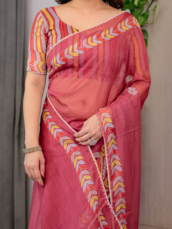 Rose Red Floral Printed Organza Saree with Multicolour Leaf Border | Lightweight Designer Organza Saree with Attached Blouse Piece | Elegant Festive & Party Wear Saree
