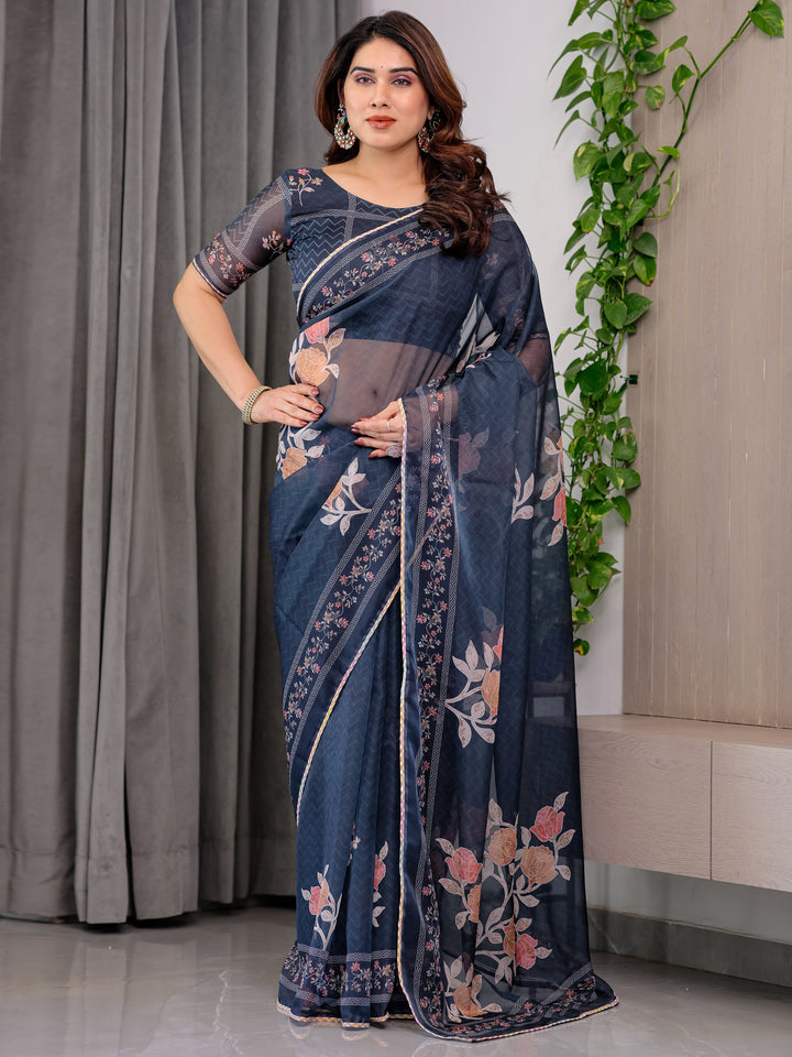 Midnight Blue Floral Printed Organza Saree with Elegant Floral Border & Multicolour Lace Edges | Designer Lightweight Organza Saree with Attached Blouse Piece | Festive & Party Wear Saree