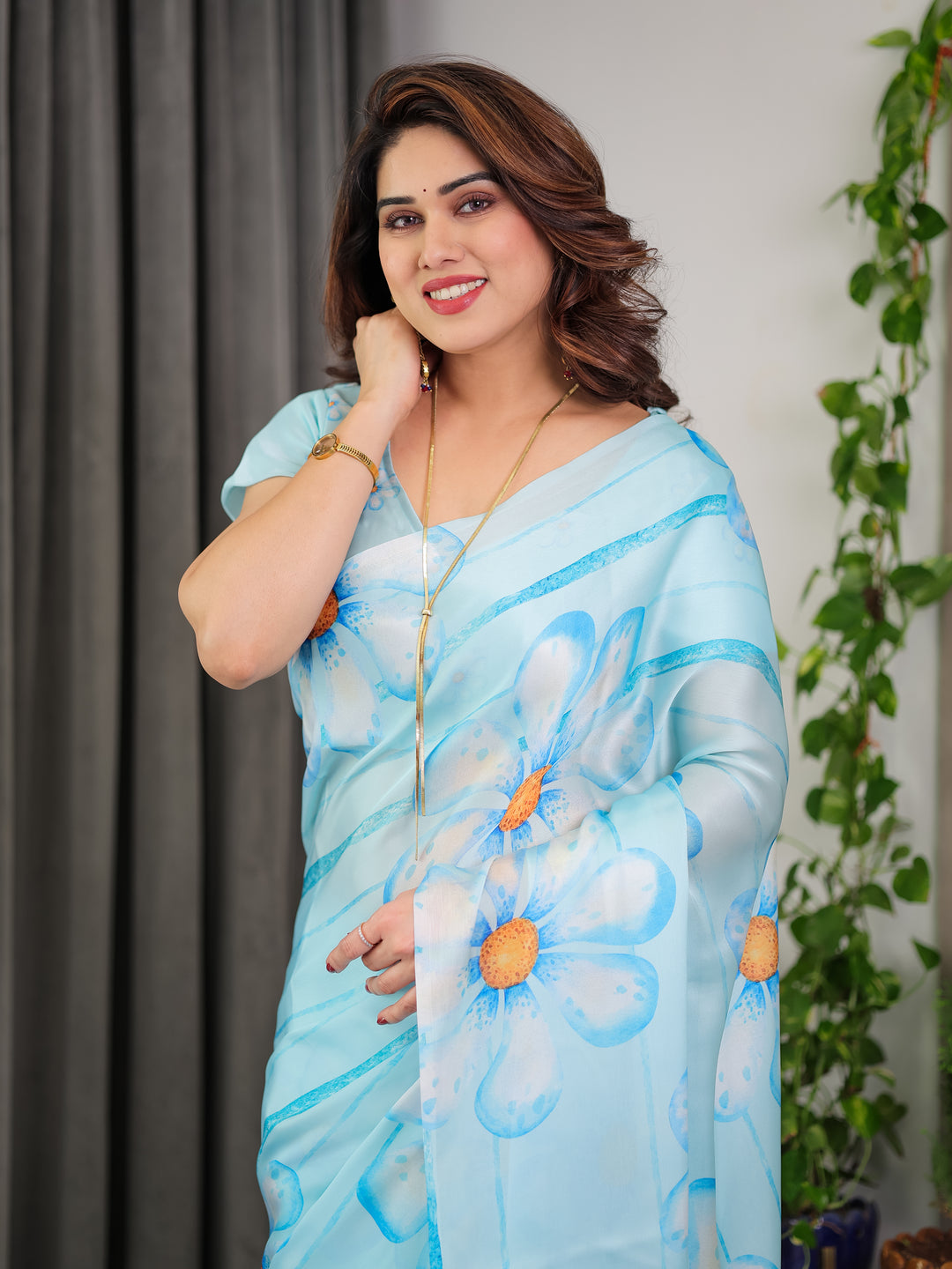 Sky Blue Satin Georgette Floral Printed Saree with Attached Blouse – Lightweight Designer Drape for Festive & Everyday Elegance
