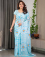 Sky Blue Satin Georgette Floral Printed Saree with Attached Blouse – Lightweight Designer Drape for Festive & Everyday Elegance