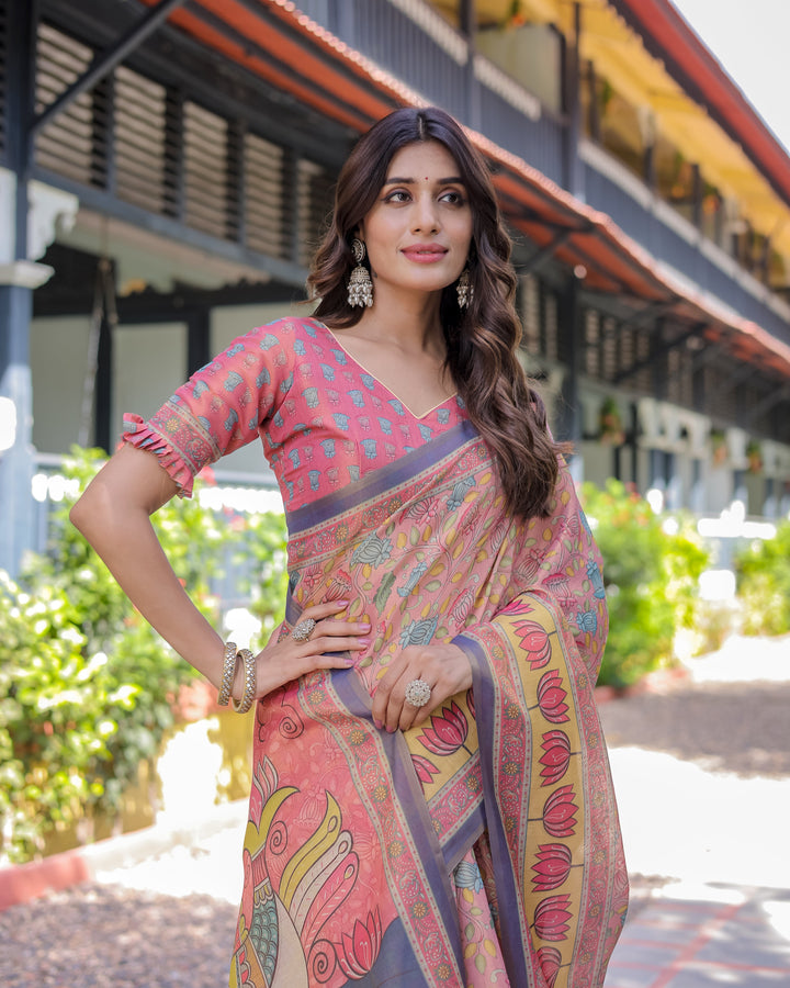 Peach Pink Handloom Cotton Saree with Lotus & Bird Motifs and Navy Border Pallu