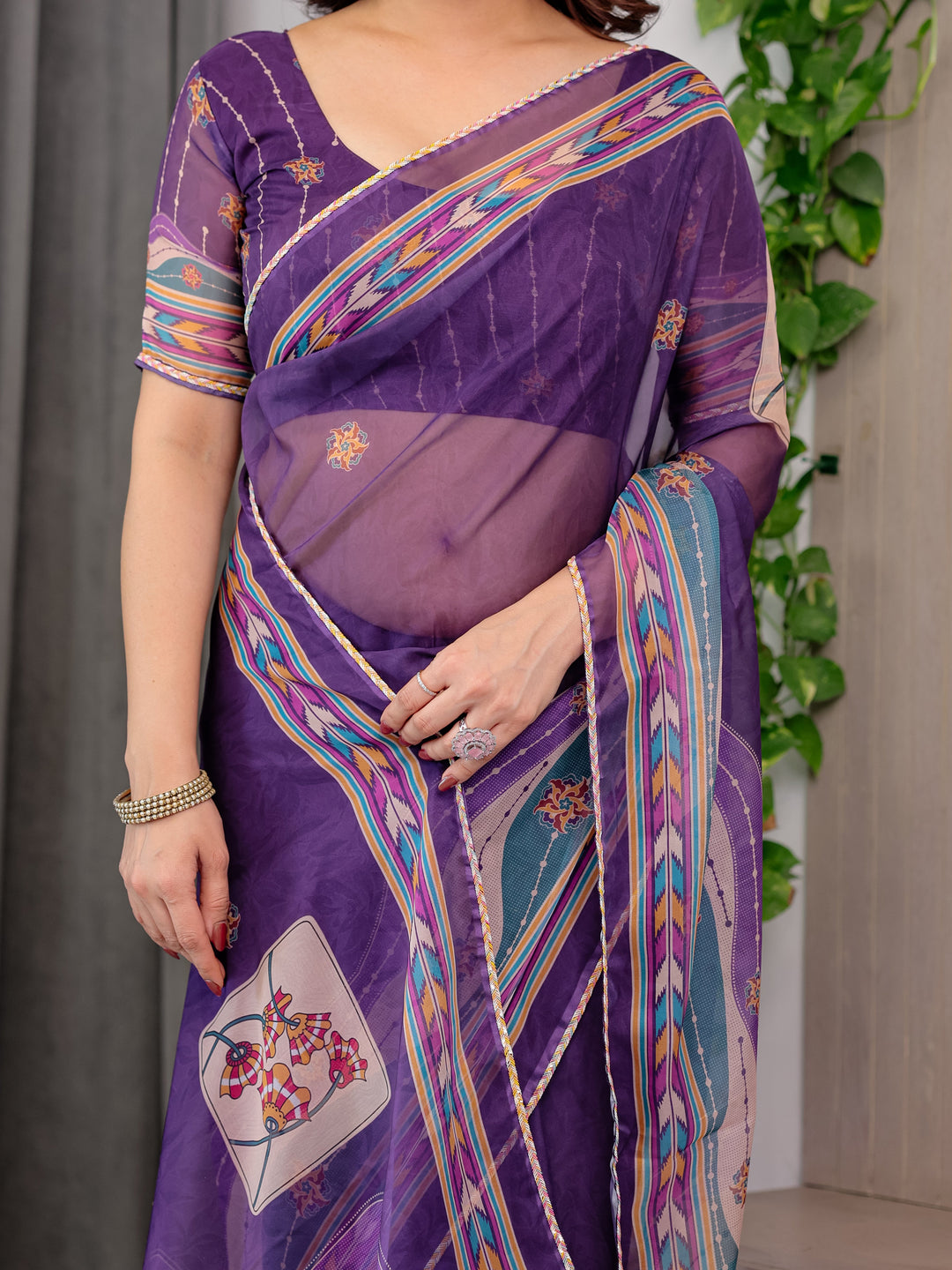 Royal Purple Printed Organza Saree with Multicolour Ethnic Border & Lace Edges | Designer Lightweight Organza Saree with Attached Blouse Piece | Festive & Party Wear Saree