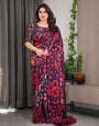 Navy Blue Abstract Floral & Polka Print Satin Georgette Saree with Red Brushstroke Motifs & Designer Attached Blouse