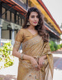 Mustard Brown Pure Handloom Cotton Saree with Village Life Digital Print & Contrast Pallu