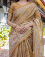 Mustard Brown Pure Handloom Cotton Saree with Village Life Digital Print & Contrast Pallu