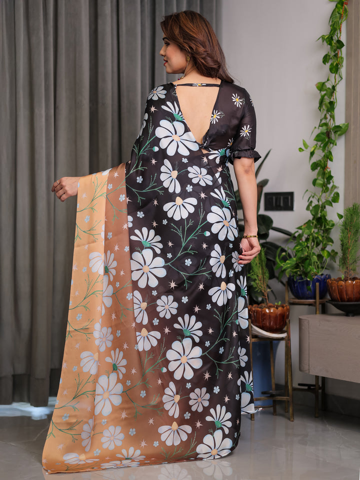 Black & Peach Daisy Floral Printed Satin Georgette Saree with Contrast Pallu and Designer Attached Blouse