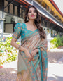 Teal Beige Handloom Cotton Saree with Swan Motif Pallu & Floral Digital Print
