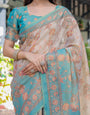 Teal Beige Handloom Cotton Saree with Swan Motif Pallu & Floral Digital Print