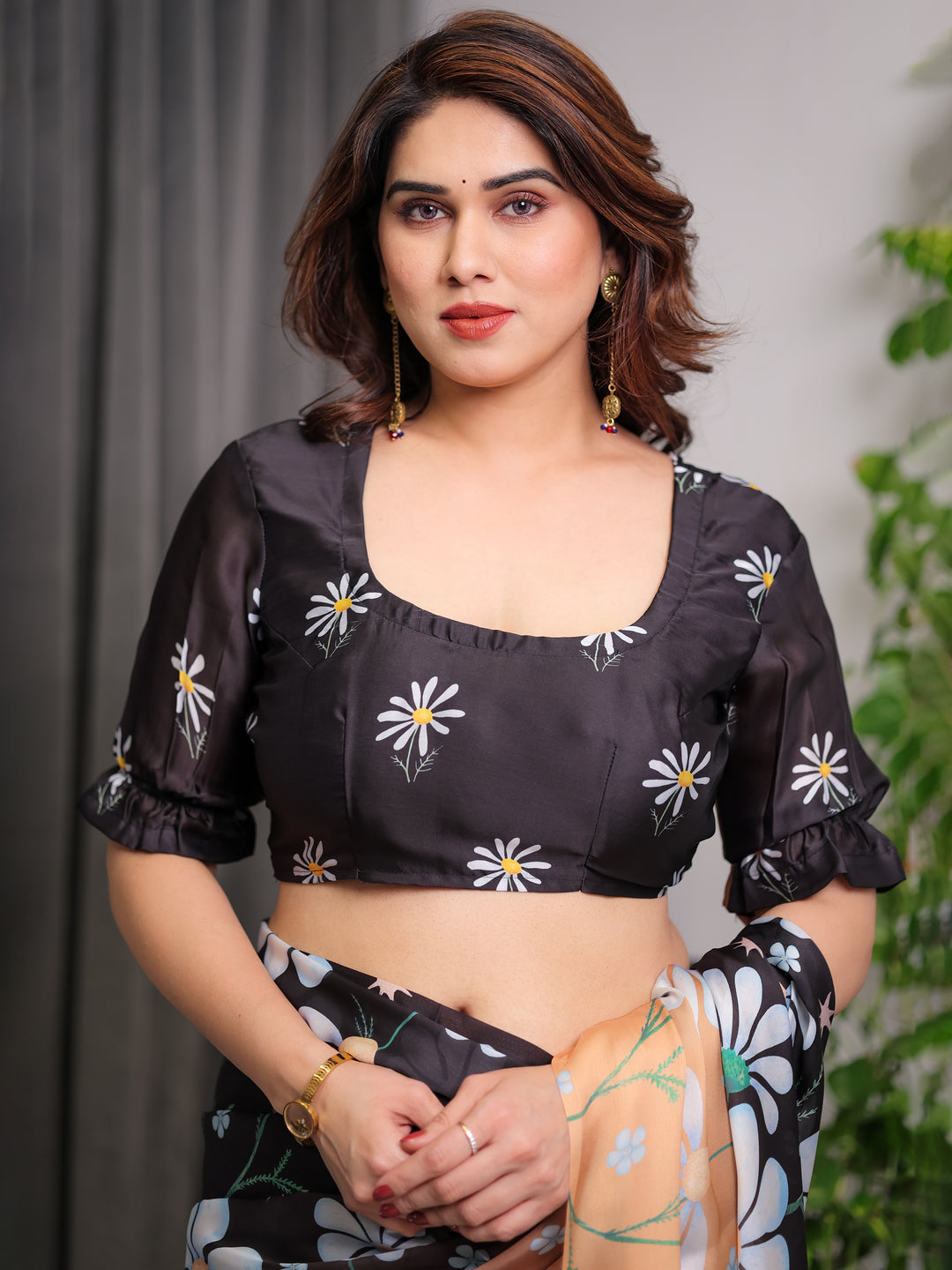 Black & Peach Daisy Floral Printed Satin Georgette Saree with Contrast Pallu and Designer Attached Blouse