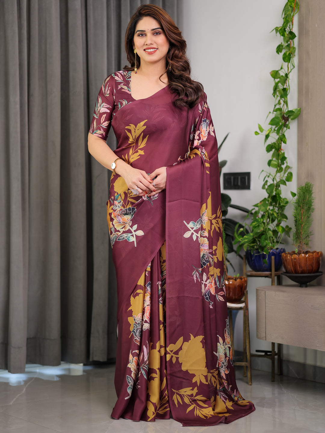 Maroon Floral Satin Georgette Saree with Mustard Leaf Print & Designer Attached Blouse – Soft Elegant Draping Saree