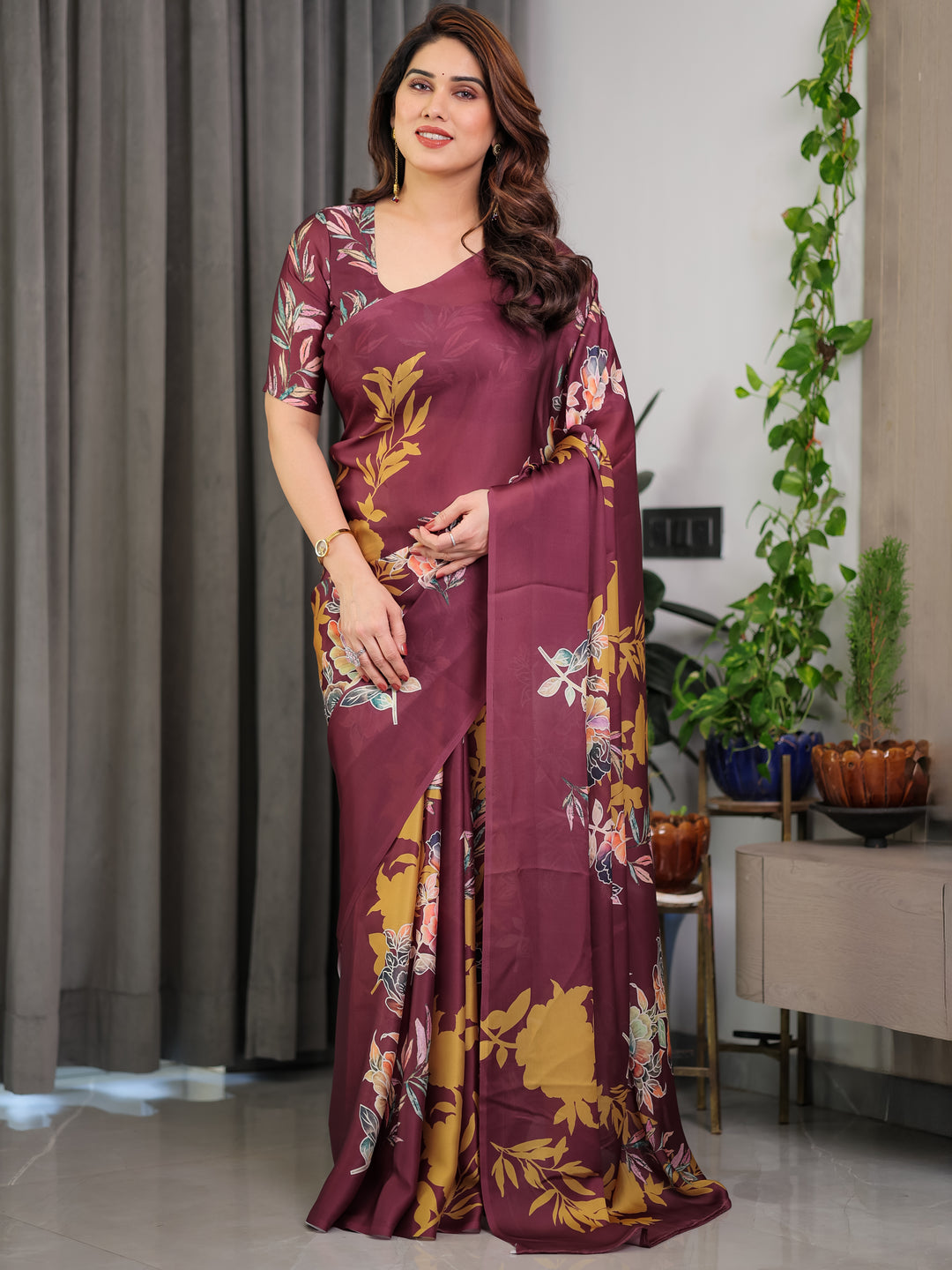 Maroon Floral Satin Georgette Saree with Mustard Leaf Print & Designer Attached Blouse – Soft Elegant Draping Saree