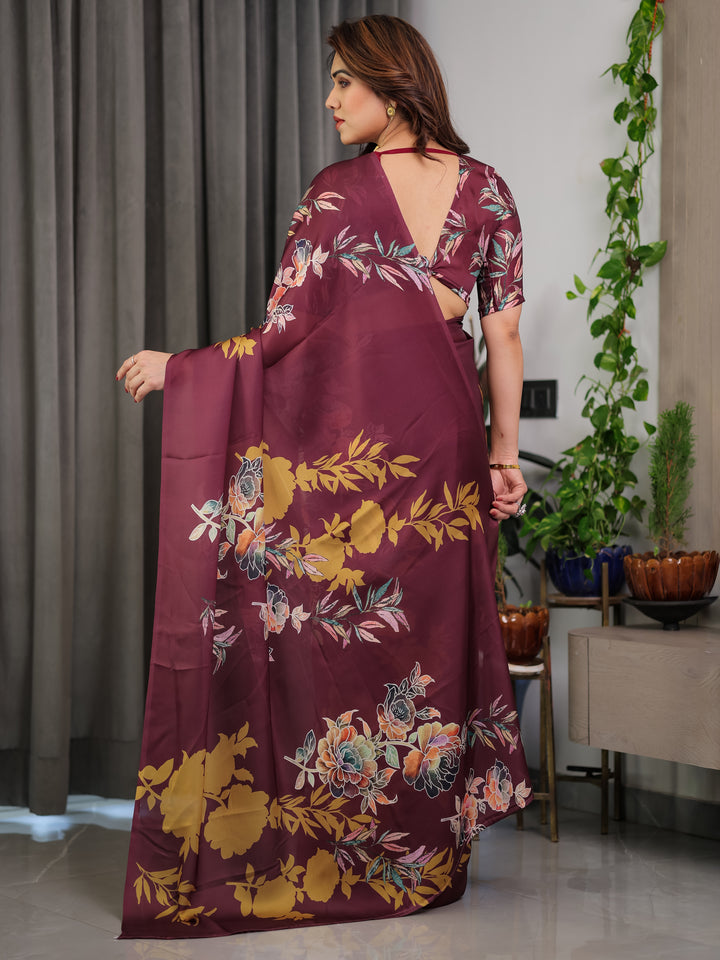 Maroon Floral Satin Georgette Saree with Mustard Leaf Print & Designer Attached Blouse – Soft Elegant Draping Saree