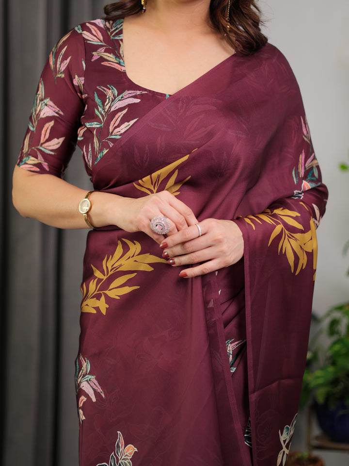 Maroon Floral Satin Georgette Saree with Mustard Leaf Print & Designer Attached Blouse – Soft Elegant Draping Saree