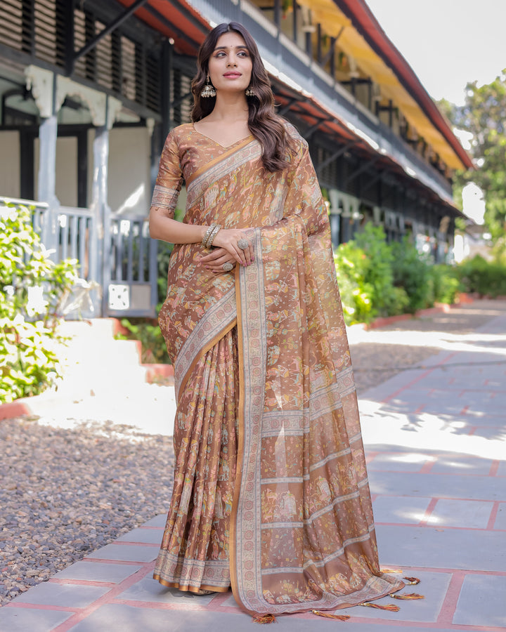 Royal Brown Procession Print Handloom Cotton Saree with Illustrated Pallu & Blouse