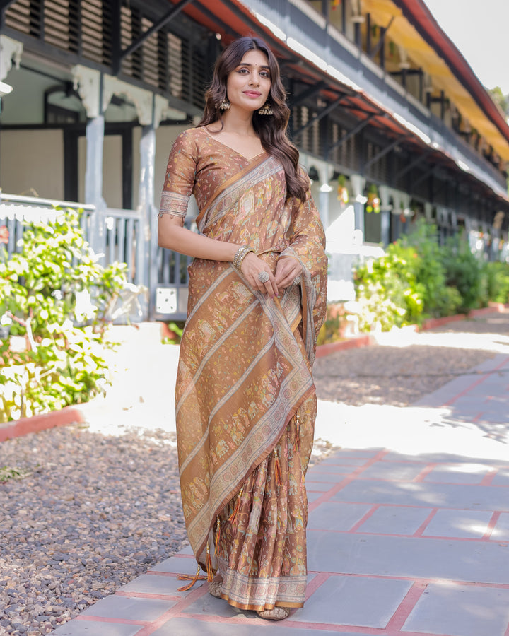 Royal Brown Procession Print Handloom Cotton Saree with Illustrated Pallu & Blouse