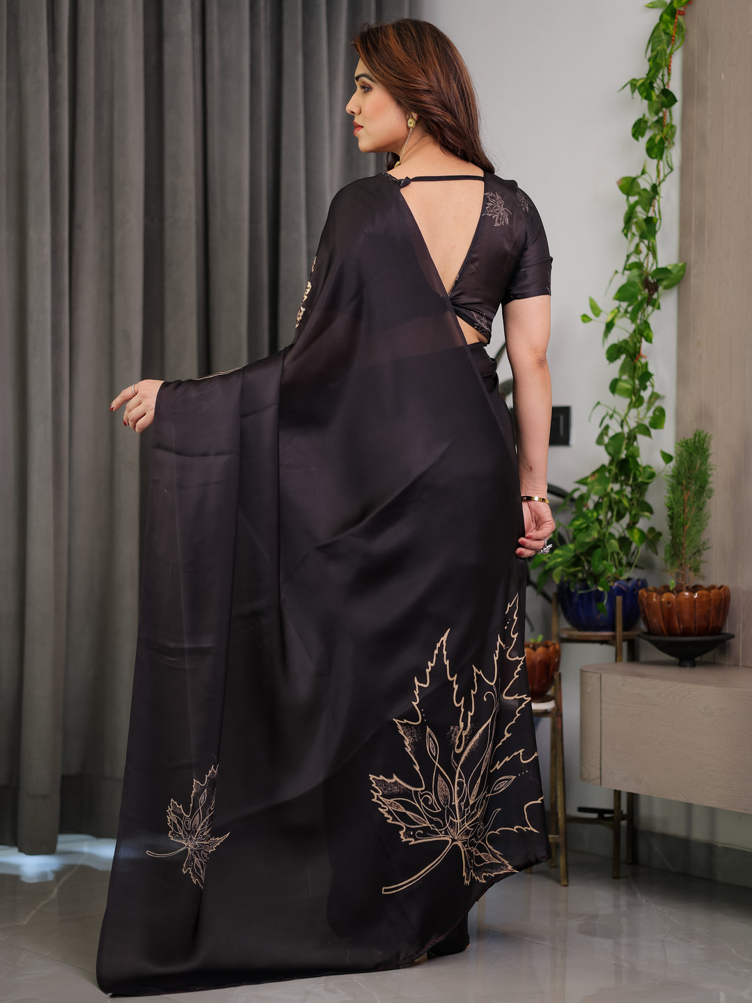 Black Satin Georgette Saree with Gold Leaf Outline Print & Designer Attached Blouse – Elegant Minimal Botanical Saree