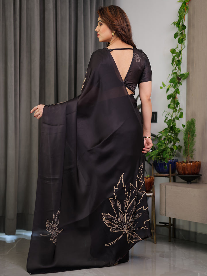 Black Satin Georgette Saree with Gold Leaf Outline Print & Designer Attached Blouse – Elegant Minimal Botanical Saree