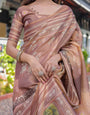 Divine Brown Handloom Cotton Saree with Radha Krishna & Cow Motif – Ethnic Village Charm