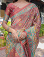 Rust Maroon Handloom Cotton Saree with Folk Procession Pallu & Floral Vine Print