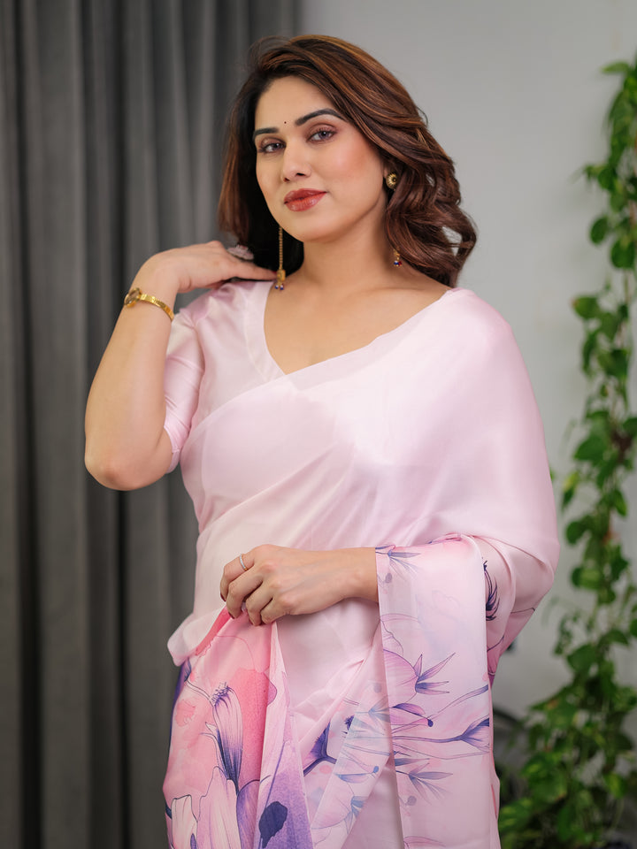 Pastel Pink Satin Georgette Floral Printed Saree with Attached Blouse – Soft Ombre Designer Saree with Purple Bloom Artwork
