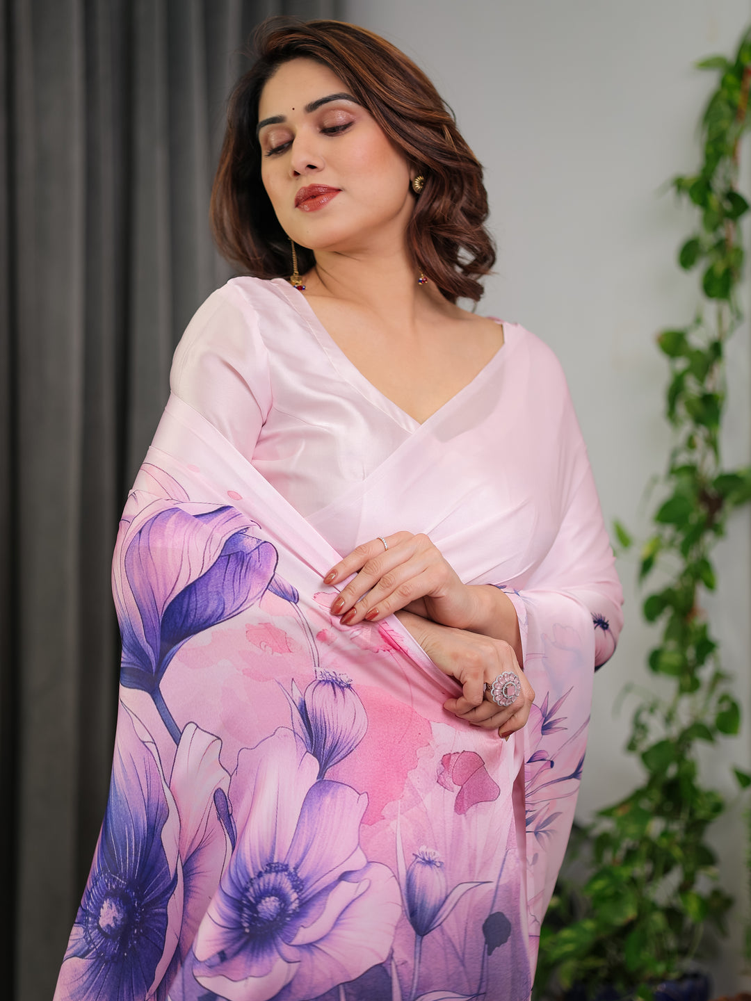 Pastel Pink Satin Georgette Floral Printed Saree with Attached Blouse – Soft Ombre Designer Saree with Purple Bloom Artwork