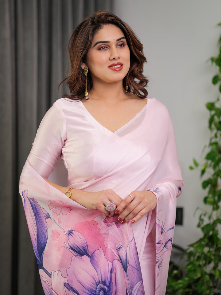 Pastel Pink Satin Georgette Floral Printed Saree with Attached Blouse – Soft Ombre Designer Saree with Purple Bloom Artwork