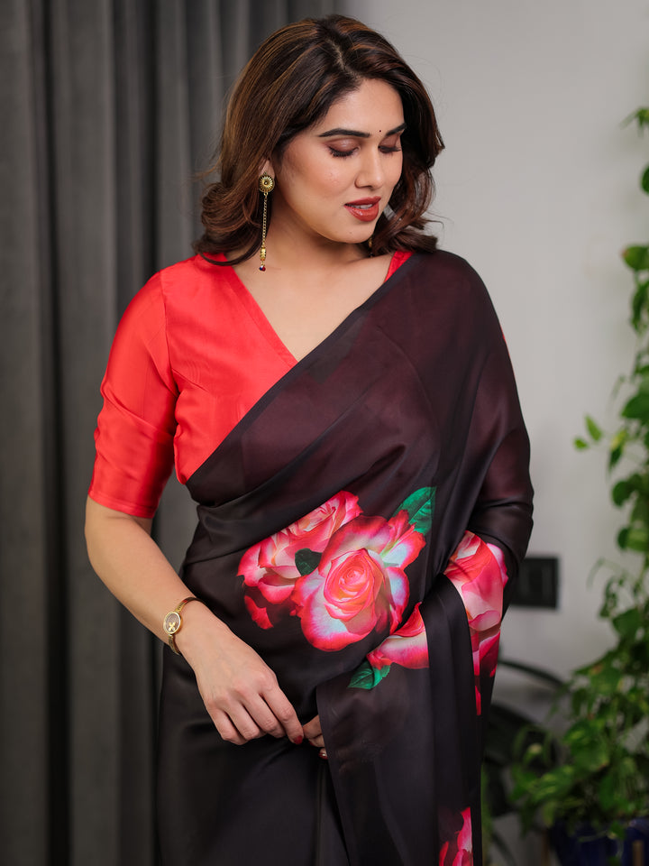 Black Satin Georgette Rose Printed Saree with Attached Blouse – Elegant Partywear Designer Saree with Red Floral Artwork