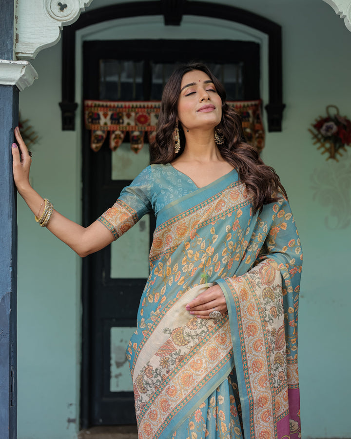 Turquoise Blue Handloom Cotton Saree with Multicolor Floral Pallu & Peach Border