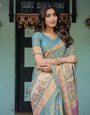Turquoise Blue Handloom Cotton Saree with Multicolor Floral Pallu & Peach Border