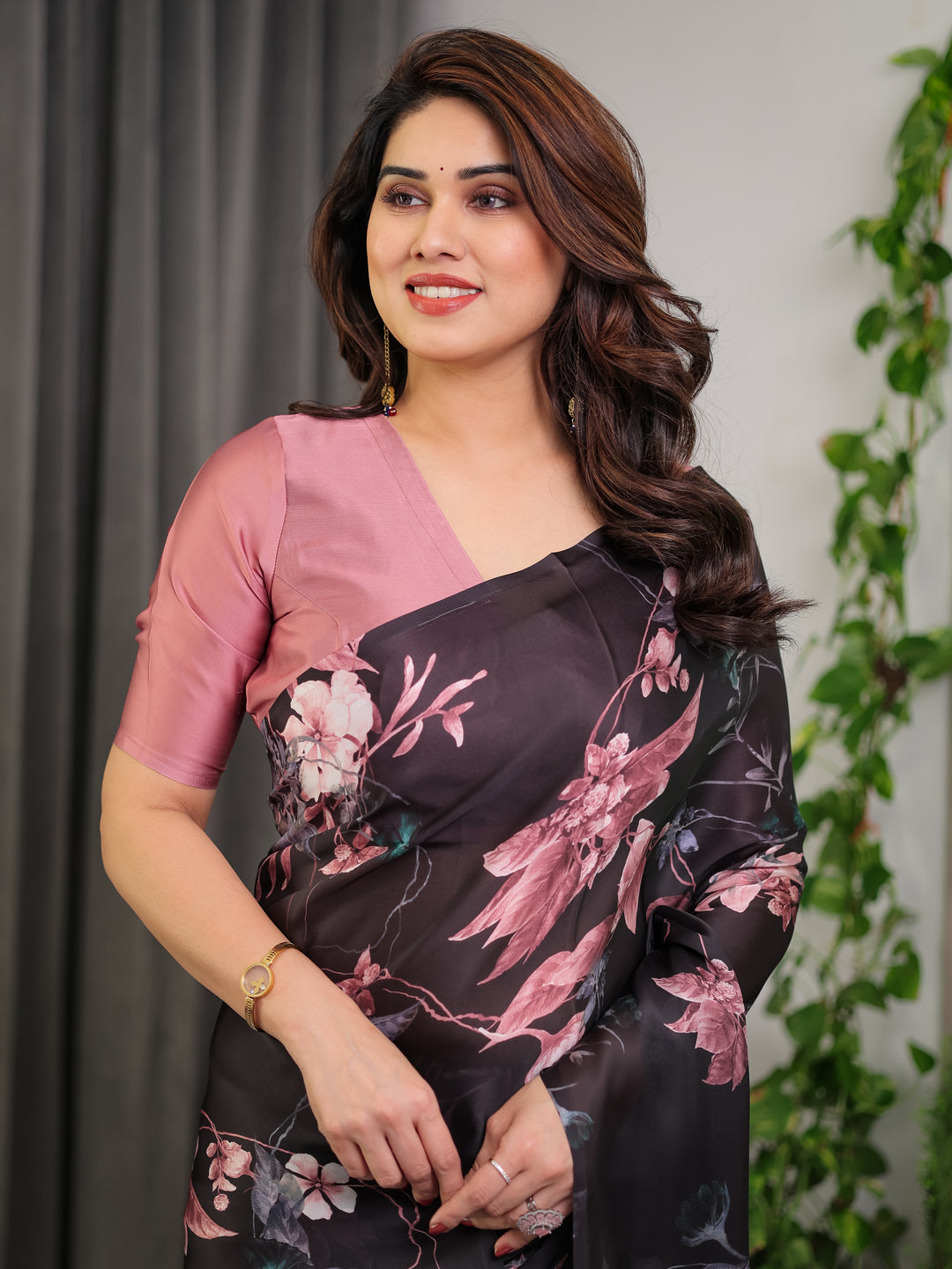 Black Satin Georgette Floral Printed Saree with Attached Blouse – Elegant Soft-Flow Designer Saree in Mauve Pink Florals