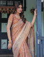 Burnt Peach Handloom Cotton Saree with Floral Buta Design & Village Scene Pallu