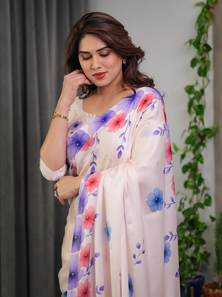 Cream Satin Georgette Multicolor Floral Printed Saree with Attached Blouse – Soft Pastel Designer Saree for Festive & Elegant Wear