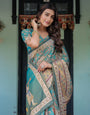 Teal Green Handloom Cotton Saree with Floral Print & Royal Bridal Procession Pallu