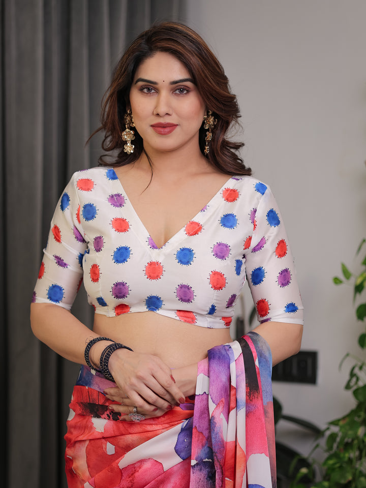 White Multicolor Watercolour Floral Print Satin Georgette Saree with Designer Attached Blouse – Premium Soft Flowing Fabric