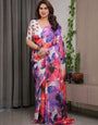 White Multicolor Watercolour Floral Print Satin Georgette Saree with Designer Attached Blouse – Premium Soft Flowing Fabric