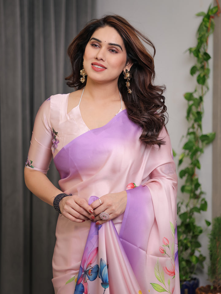 Blush Pink & Lavender Satin Georgette Floral Printed Saree with Attached Blouse – Soft Ombre Designer Saree for Festive & Elegant Wear