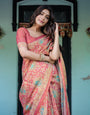 Terracotta Red Handloom Cotton Saree with Floral Vine Print & Dual-Toned Royal Motif Pallu