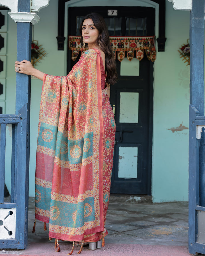 Terracotta Red Handloom Cotton Saree with Floral Vine Print & Dual-Toned Royal Motif Pallu