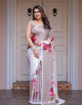 Ivory Beige Artistic Floral Printed Satin Georgette Saree with Matching Blouse – Elegant Festive & Party Wear