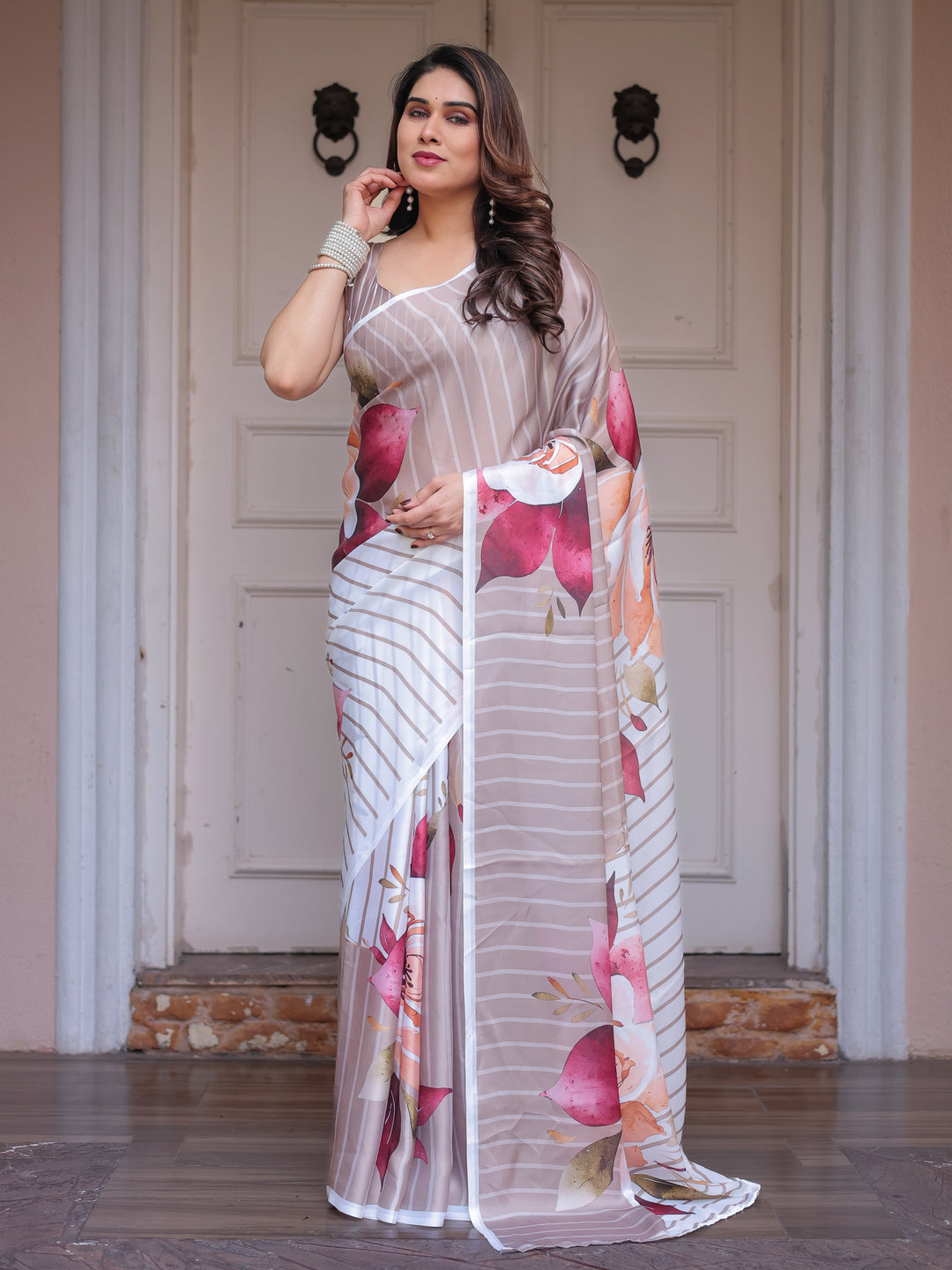 Ivory Beige Artistic Floral Printed Satin Georgette Saree with Matching Blouse – Elegant Festive & Party Wear