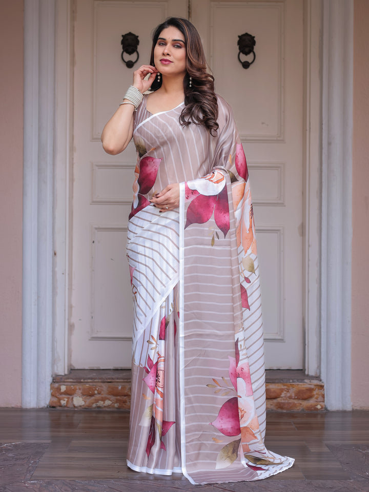 Ivory Beige Artistic Floral Printed Satin Georgette Saree with Matching Blouse – Elegant Festive & Party Wear