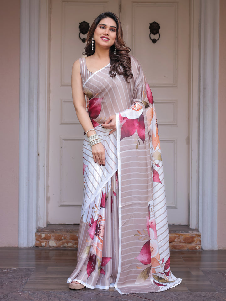 Ivory Beige Artistic Floral Printed Satin Georgette Saree with Matching Blouse – Elegant Festive & Party Wear