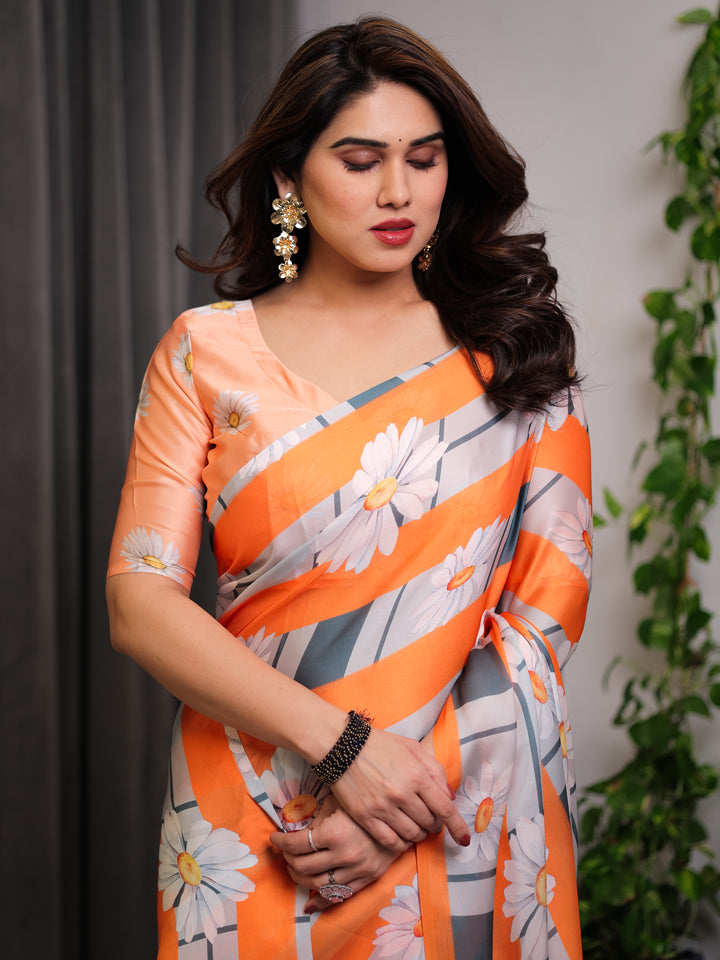 Orange Satin Georgette Floral Printed Saree with Attached Blouse – Lightweight Daisy Print Designer Saree for Festive & Casual Elegance