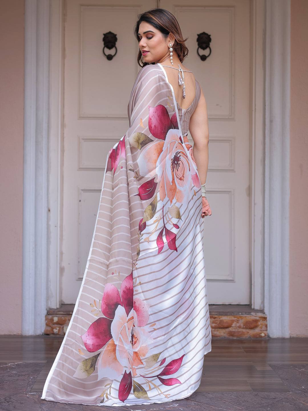 Ivory Beige Artistic Floral Printed Satin Georgette Saree with Matching Blouse – Elegant Festive & Party Wear