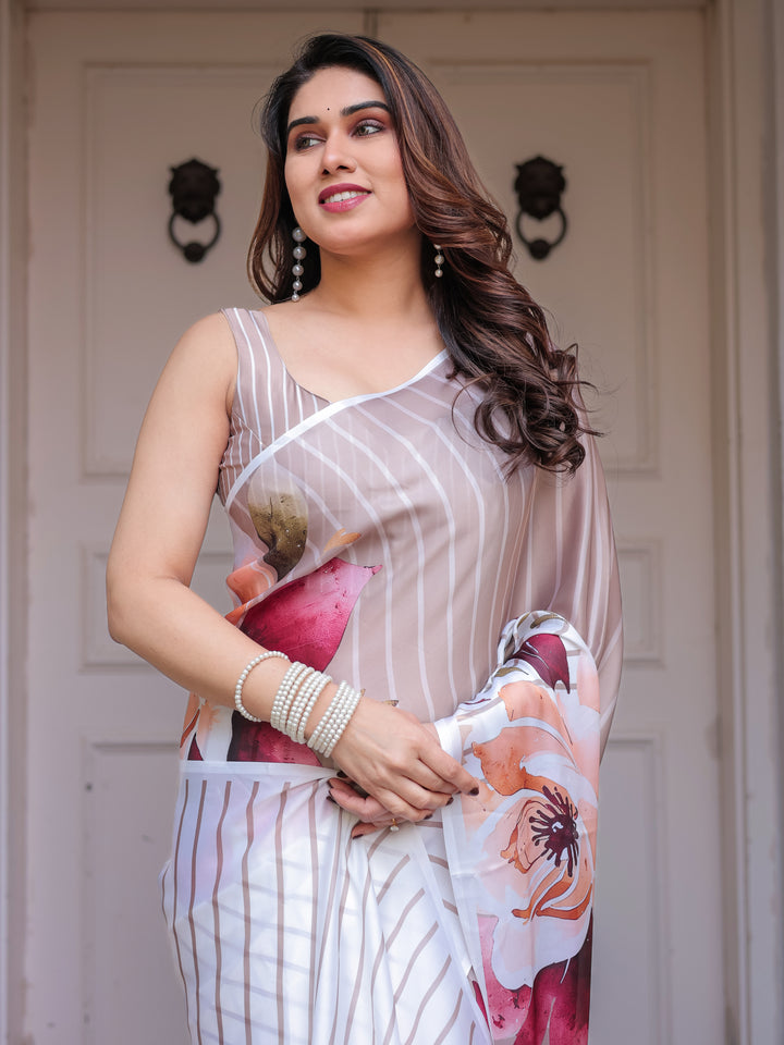 Ivory Beige Artistic Floral Printed Satin Georgette Saree with Matching Blouse – Elegant Festive & Party Wear