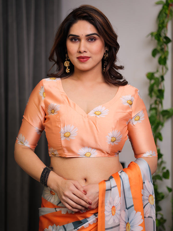 Orange Satin Georgette Floral Printed Saree with Attached Blouse – Lightweight Daisy Print Designer Saree for Festive & Casual Elegance