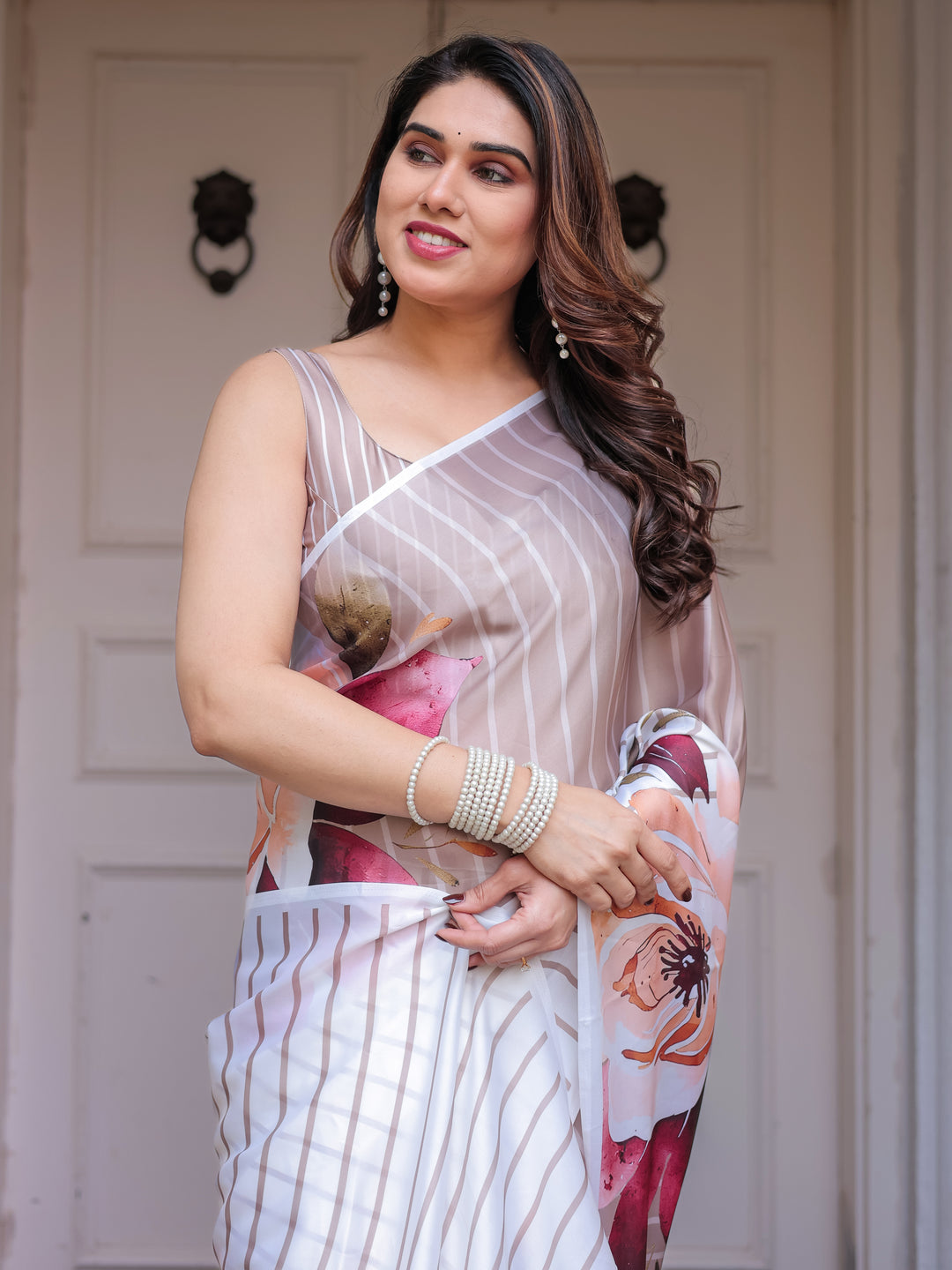 Ivory Beige Artistic Floral Printed Satin Georgette Saree with Matching Blouse – Elegant Festive & Party Wear