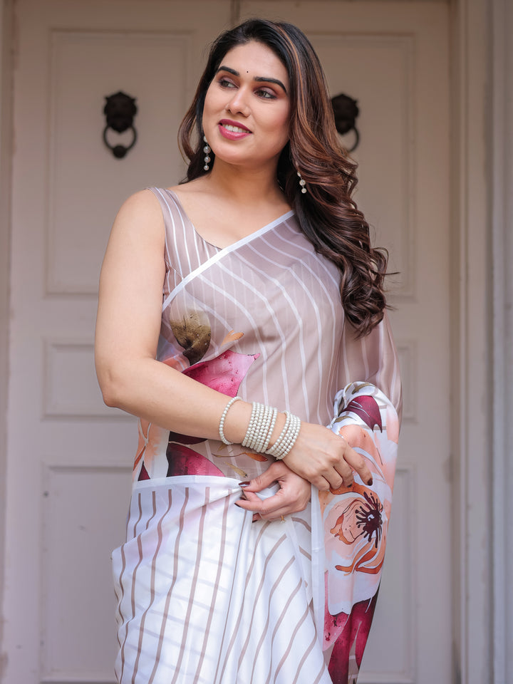 Ivory Beige Artistic Floral Printed Satin Georgette Saree with Matching Blouse – Elegant Festive & Party Wear