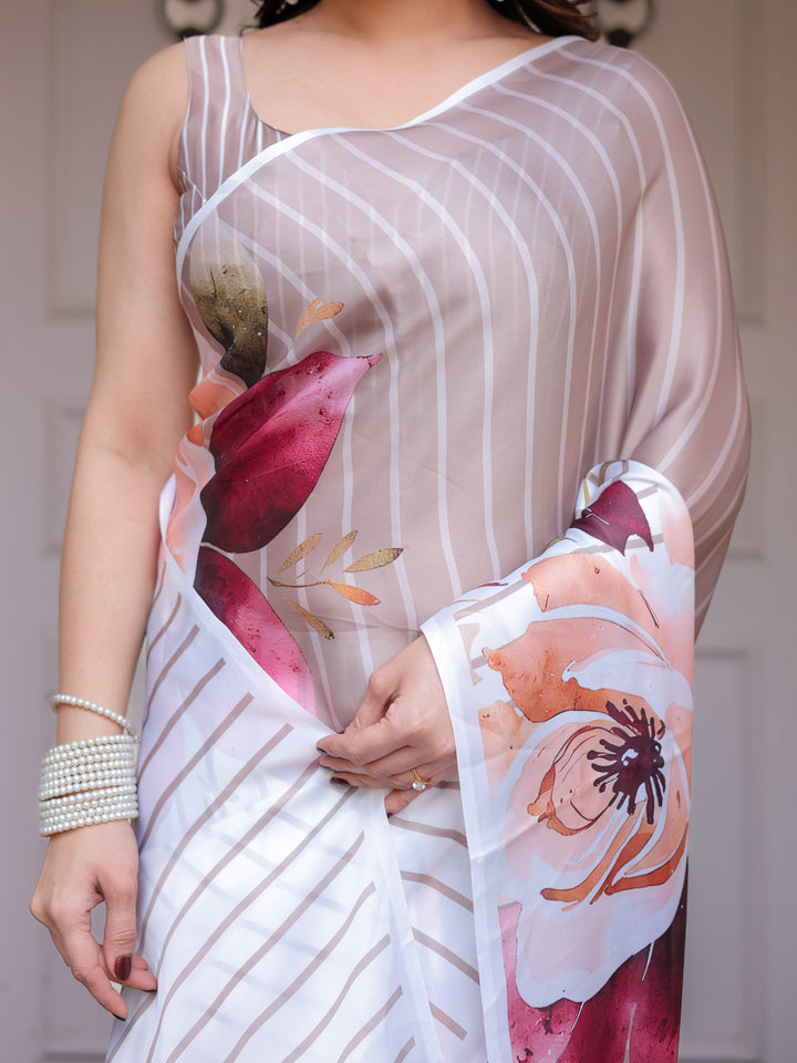 Ivory Beige Artistic Floral Printed Satin Georgette Saree with Matching Blouse – Elegant Festive & Party Wear